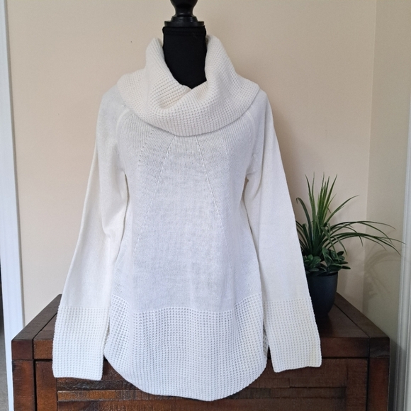 Calvin Klein Cowl Neck Sweater Cream Women's Small Long Sleeved Waffle Knit - Picture 1 of 15